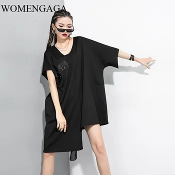 

WOMENGAGA 2020 summer the new Splicing sequins Pullover T-shirt irregular Large size V word collar Loose girl female q0021