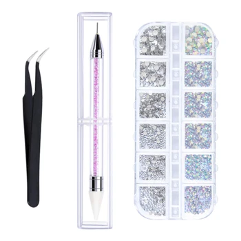 

With Tweezer Craft Shiny Tips For Clothes Flat Back Dotting Pen DIY Crystals AB Decorations Nail Art Rhinestones Set Clear 3D