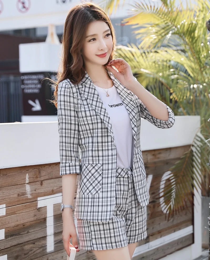 white jacket shorts Летний Тонкий клетчатый тонкий короткий рукав Блейзер Жакет шорты комплект из 2 предметов OL формальные женские брюки костюмы женские комплекты костюмы 88218 - Цвет: white jacket shorts