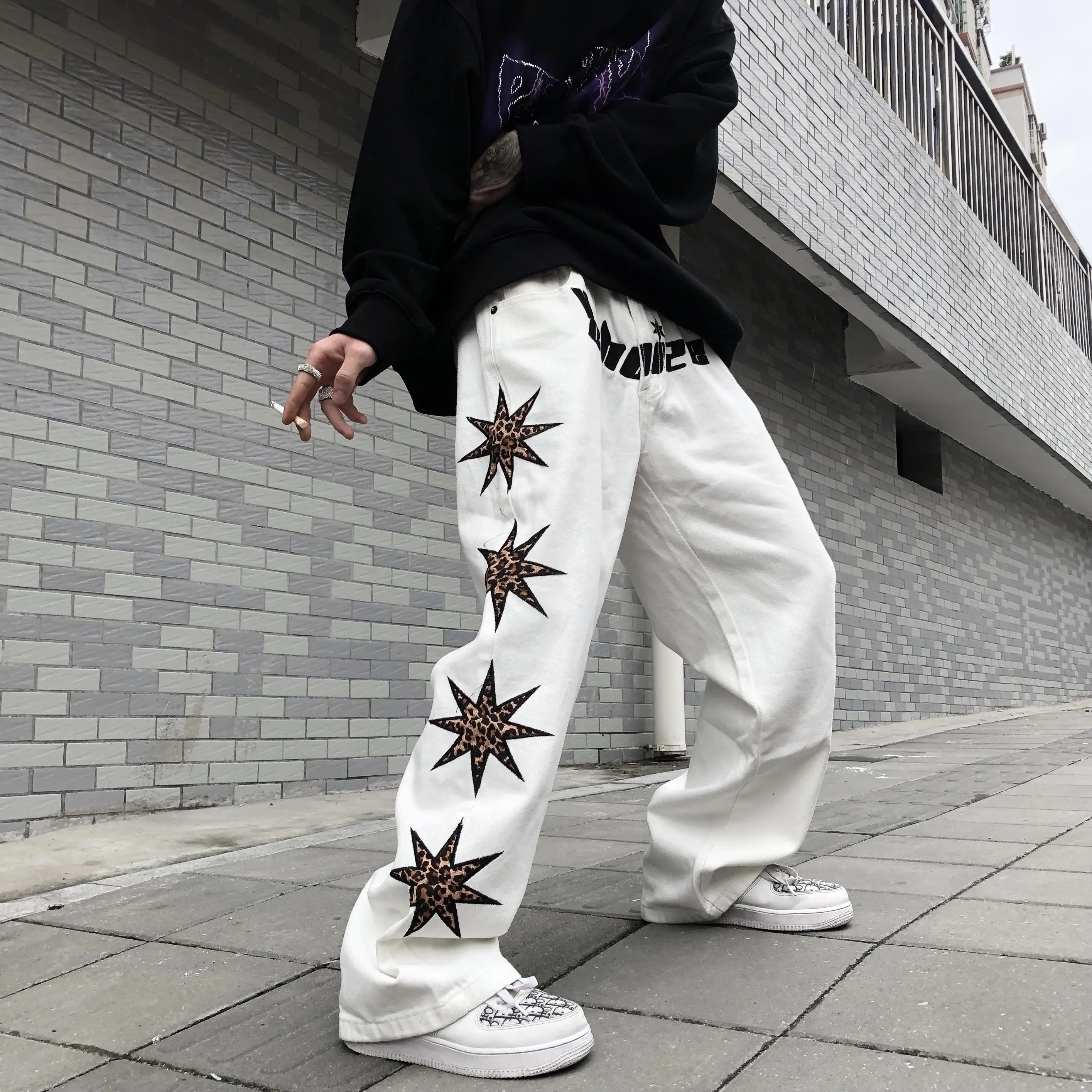 Star Patch Designs Jeans White Women Letter Embroidery Hip-Hop  Streetwear Straight Trousers Female High Waist Patchwork Jeans