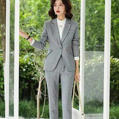Gray Pant Suits Мода, новинка, Осень-зима, строгие брюки, костюмы, блейзеры, куртки, пальто и штаны, абрикосовый серый комплект из двух предметов, костюм - Цвет: Gray Pant Suits