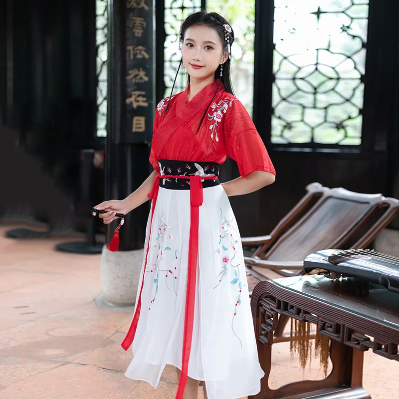 

Chinese Traditional Hanfu Women Dynastie Tang Han Element White Skirt China Costume Red Top Clothes Black In Stock 2019 Vintage
