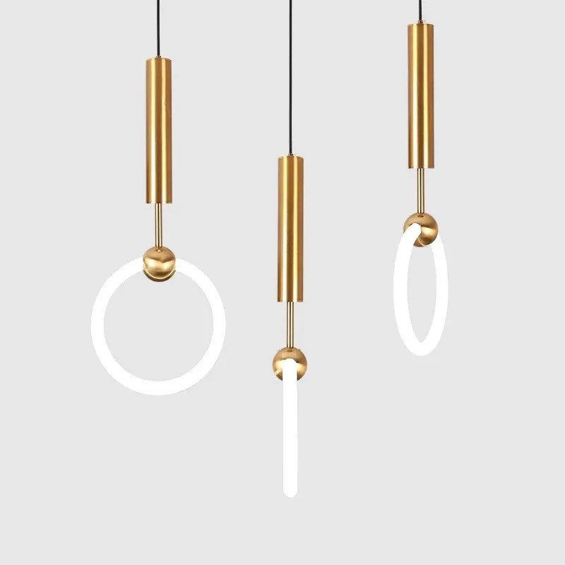 

Modern Cheap Staircase Dining Room Foyer Hanging Light Golden Nordic Creative Art Single Head Acrylic Ring Small Chandelier