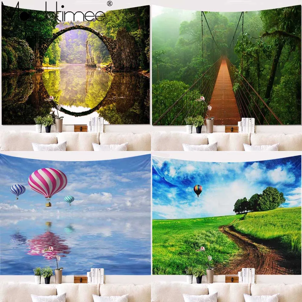 Psychedelic Forest Tapestry Wall Hanging Bridge Blanket Balloon Window Headboard Polyester Yoga Shawl Mat | Дом и сад