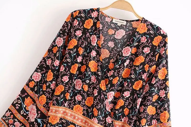 Boho шикарное летнее винтажное платье макси с v-образным вырезом и цветочным принтом для женщин модное платье с бантом и поясом кимоно с рукавами пляжные платья vestidos
