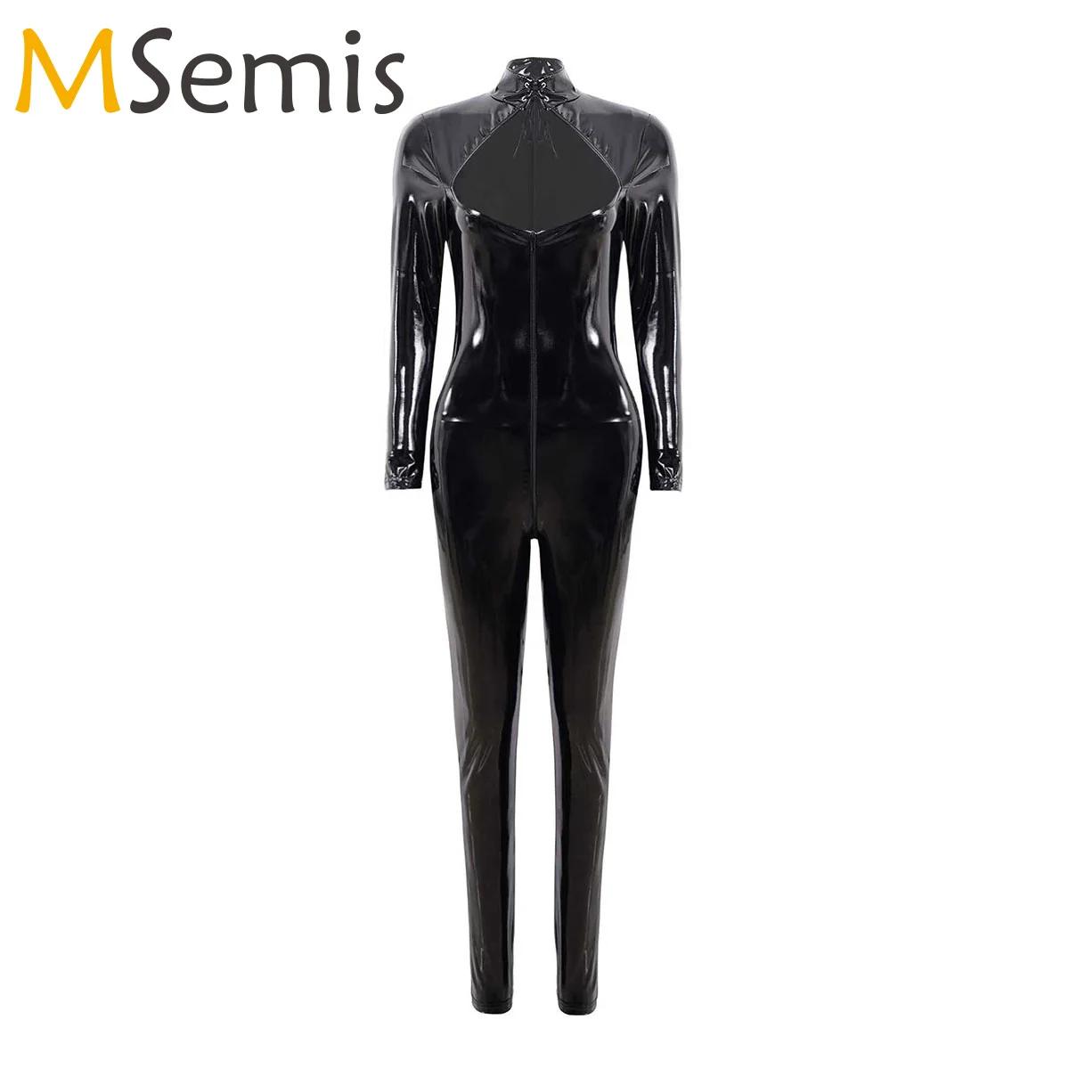 

Womens Body Suit Latex Wet Look Jumpsuits Leather Cutout Front Skinny Bodysuit Long Sleeve Zipper Slim Fit Clubwear Costumes