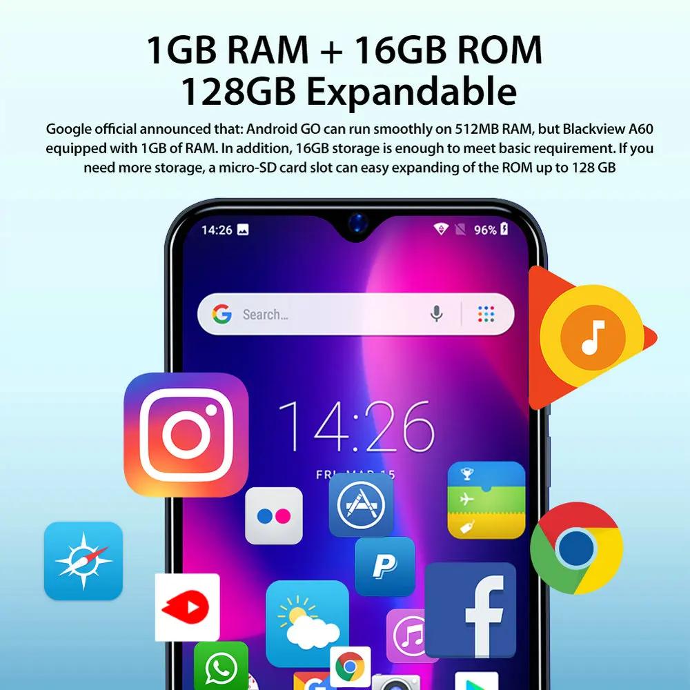 Смартфон Blackview A60 экран 6 1 дюйма 19 2:9 Full Waterdrop аккумулятор 4080 мА*ч Android 8.1 ПЗУ Гб 16
