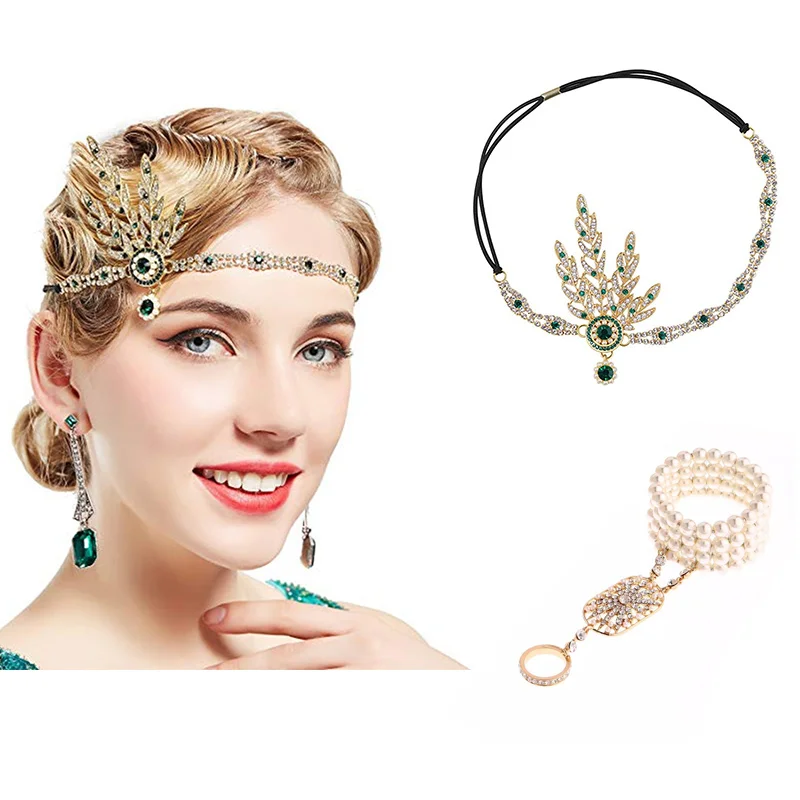 Green Set 1920's Flapper Great Gatsby женский арт-деко Вдохновленный лист медальон жемчужный головной убор повязка на голову вечерние аксессуары свадебные Tia - Цвет: Green Set