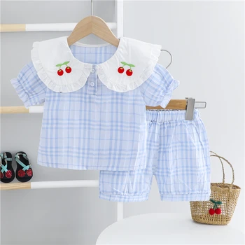 

HYLKIDHUOSE Summer Baby Girls Clothing Sets Toddler Infant Short Sleeve Plaid Cherry T Shirt Shorts Children Vacation Clothing