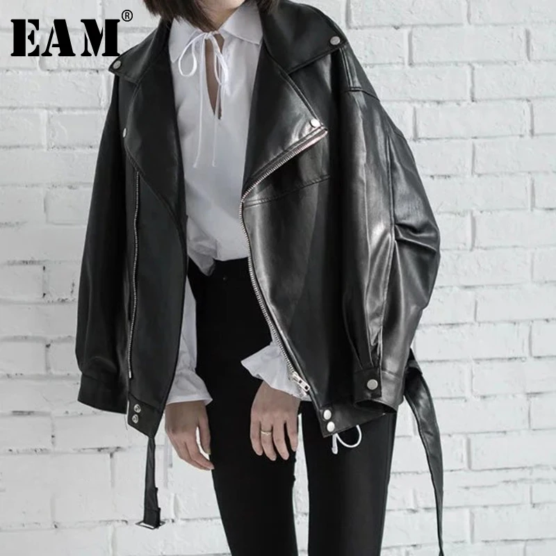 Womens Wild-Jacket Turn-Down-Collar Spring Zipper Black Fashion EAM High-Quality Loose