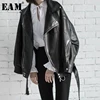 [EAM] High Quality 2021 Spring Black PU Leather Loose Turn-down Collar Zipper Fashion New Women's Wild Jacket LA938 1