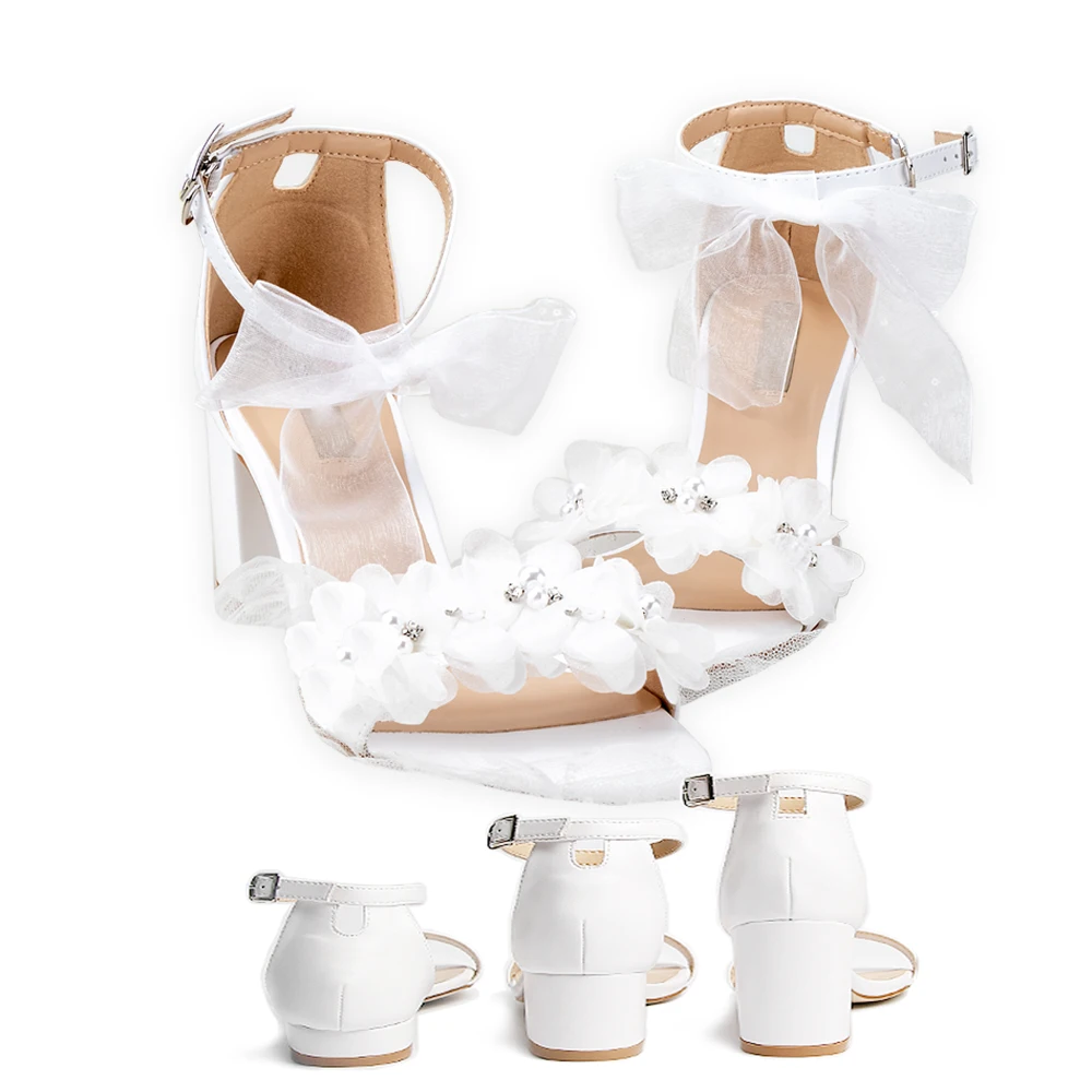

Wedding Sandals White Lace Flowers Pearl Rhinestone Bow Ribbon Sweety Princess Style Lower Square Heels Short Fat Heels Big Size