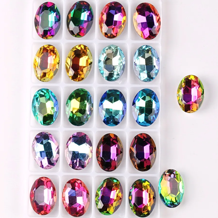 Glas-Kristall-Ovalform 10*14 13*18mm Regenbogen & Jelly Candy AB Farben Spitze Rückseite zum Aufkleben Strass-Perlen Applikation DIY-Besatz