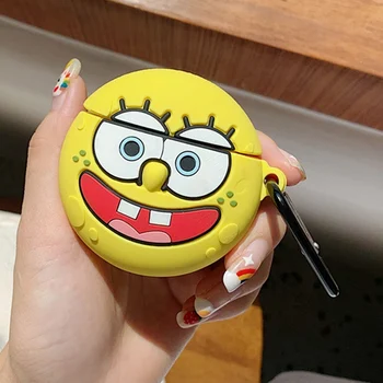 

Round Big Tooth Smile Face Spongebob Wireless Bluetooth Earphone Case For Airpods Silicone Earpods Protector Cover With Hook