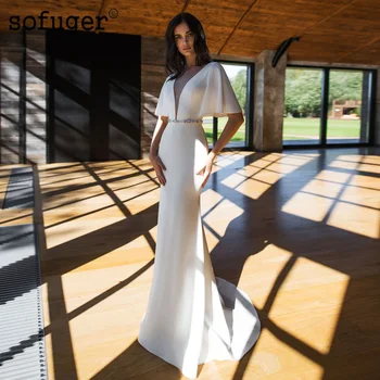 

Simple Satin Beads Mermaid Wedding Dress Deep V Neck Robe De Mariee Sofuge Backless Dubai Arabic Abiti Da Sposa