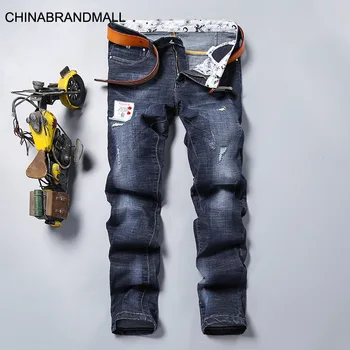 

Xbl303 # Straight Trend Hole Jeans Male Small Straight Cylinder Elastic Force Trousers 28-38 Size