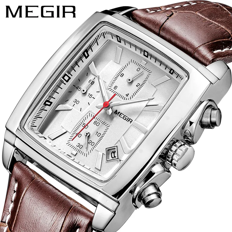 MEGIR Original Watch Men Top Brand Luxury Rectangle Quartz Military Watches Waterproof Luminous Leather Wristwatch Men Clock