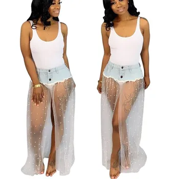 

Sexy Polka Dot Mesh Patchwork Long Skirt Casual 2019 New Women Transparent High Waist Loose Skirt Beach Denim Skirts