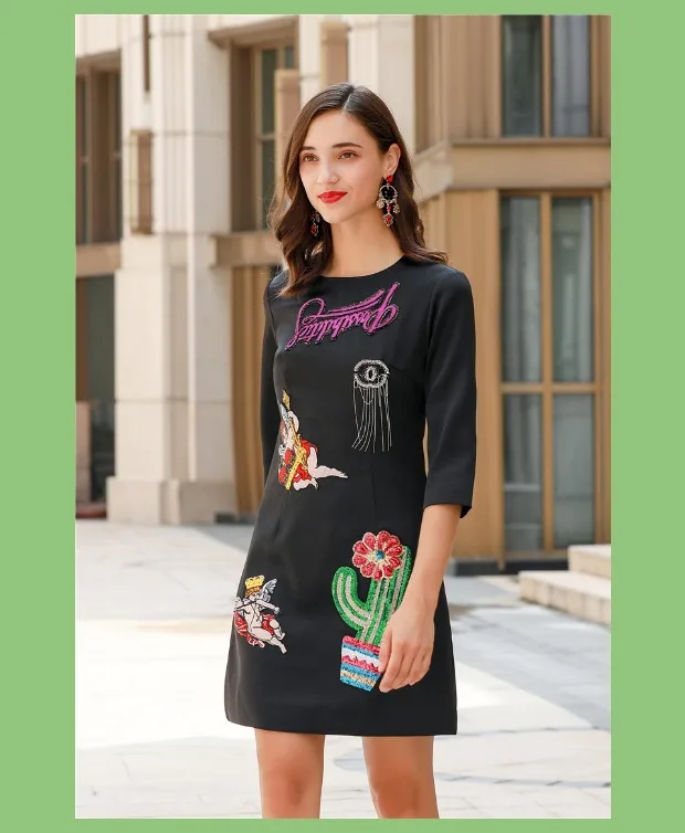 Nova Moda Pista Vestido черное платье ретро рукав семь четвертей Lindo Диамант Carta das Mulheres sequin Vestido винтажное