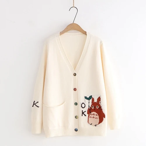 Creamy-white Neploe японский осенний вязаный кардиган с вышивкой из мультфильма Повседневный свитер куртка Женский однобортный трикотажные изделия 54582 - Цвет: Creamy-white
