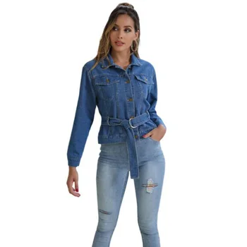 

2020 New Spring Antumn Denim Jackets Vintage Casual Coat Women's Denim Jackets For Outerwear Jeans Short waist Belt included