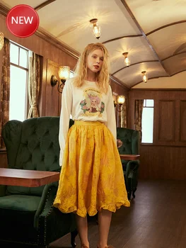 

Women Jacquard Skirt Vintage High Waist A- line Yellow Ruffles Expandable Bubble Skirt Original Designer
