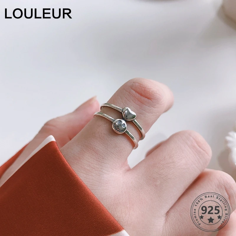 

LouLeur Real 925 Silver sterling Rings Minimalist Multi-layer Heart & Smile Rings for Women Fashion Jewelry Ladies Ring Gifts