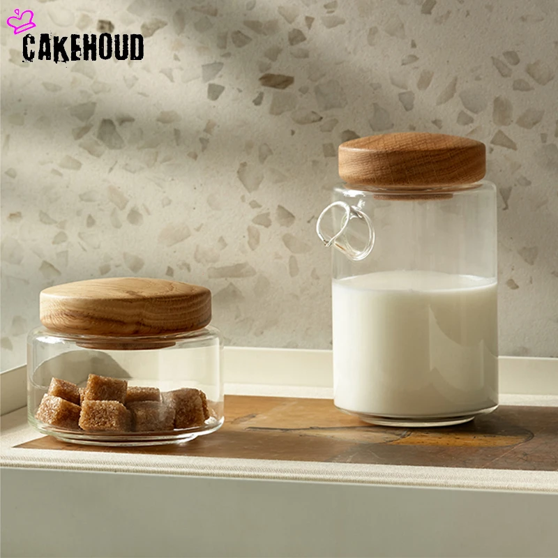 

Heat-resistant Glass Milk Can Sugar Can White Oak Lid Breakfast Hand Brewed Coffee Milk Sharing Cup Milk Frother CAKEHOUD