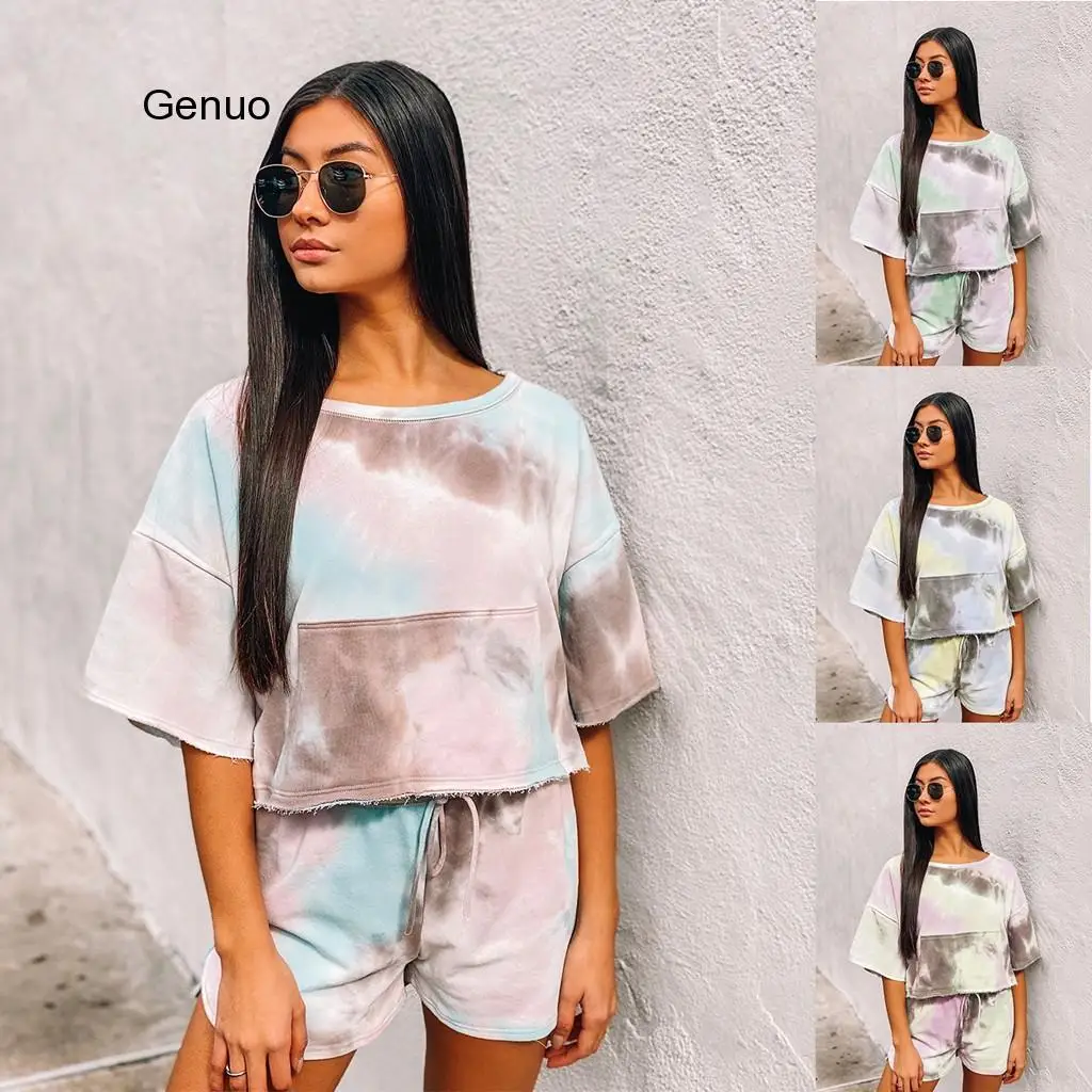 2020 New Tie Dye Printed Women Pajamas Sleeve Tops And Pants Hooded Pijamas Feminino Set Nightwear Casual Sleepwear Nightwear