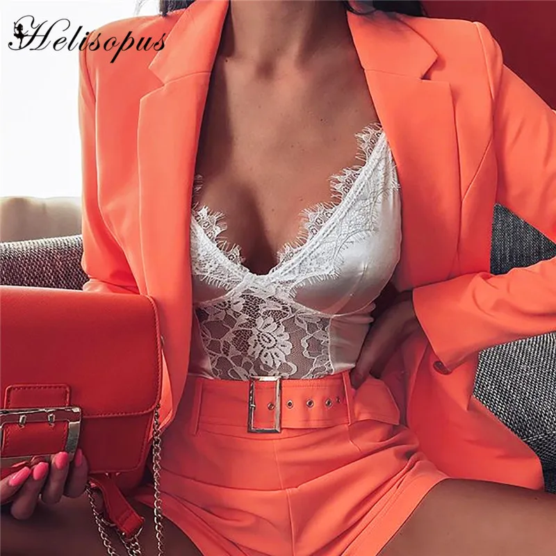 Helisopus Autumn Women Blazer Suit Two Piece Set Long Sleeve Open Stitch Top and Shorts Ladies Office Lady Sets