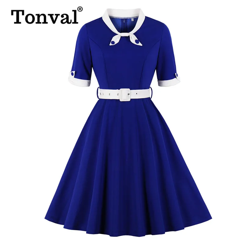 Tonval, зеленое, контрастное, с бантом, на шее и манжетах, винтажное, с поясом, платье с коротким рукавом, Осеннее, женское, облегающее и расклешенное, Ретро стиль, свободное платье
