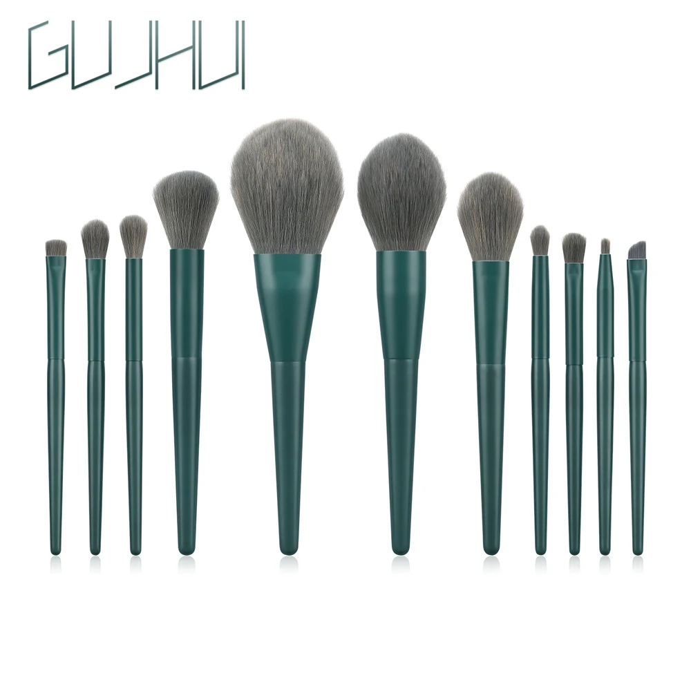 GUJHUI 12pcs/set Makeup Brushes Beauty Cosmetic Tool Dark green Foundation Brush Blending Eyeshadow Brush Make up brushes Set