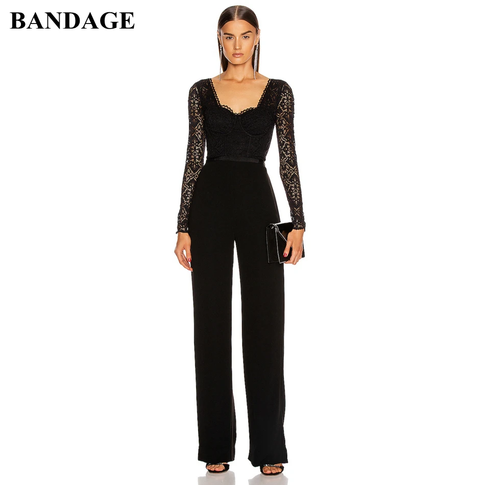 Женский Облегающий комбинезон с кружевом черный офисный длинным рукавом