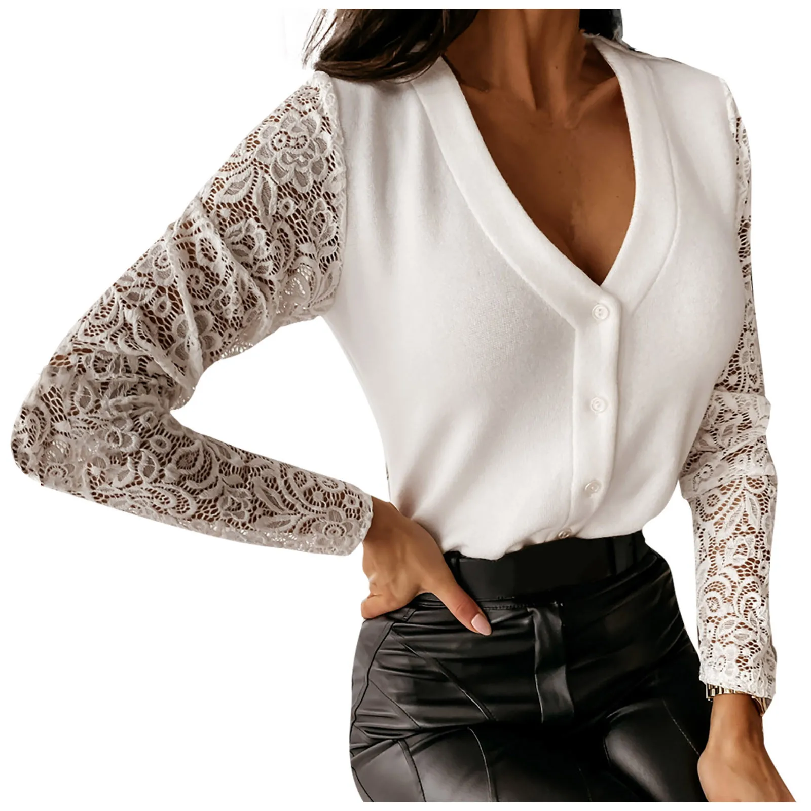 Fashion Blouse 2021 Women Fashion Long Sleeve V-neck Lace Top Button Base Shirt  blouses blusas mujer рубашка женская 2