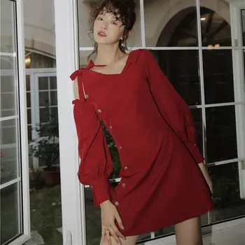 

Europe Vintage Red Wine Sexy Dress Women Strapless Long Sleeve Bow V Neck Elegant Dresses Waist Was Thin Women Clothes XJ3433