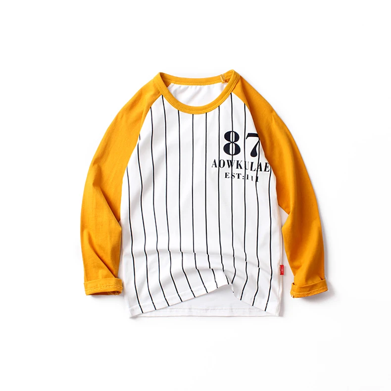 GLO-STORY, Осенние Топы для мальчиков, полосатые футболки в стиле пэчворк с надписями, детская одежда, хлопок, 120-160 см