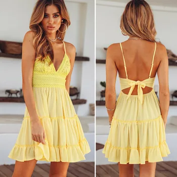 

Pop Lady Sling Dress Deep V Lace Splice Solid Color Dress For Summer Pop 88