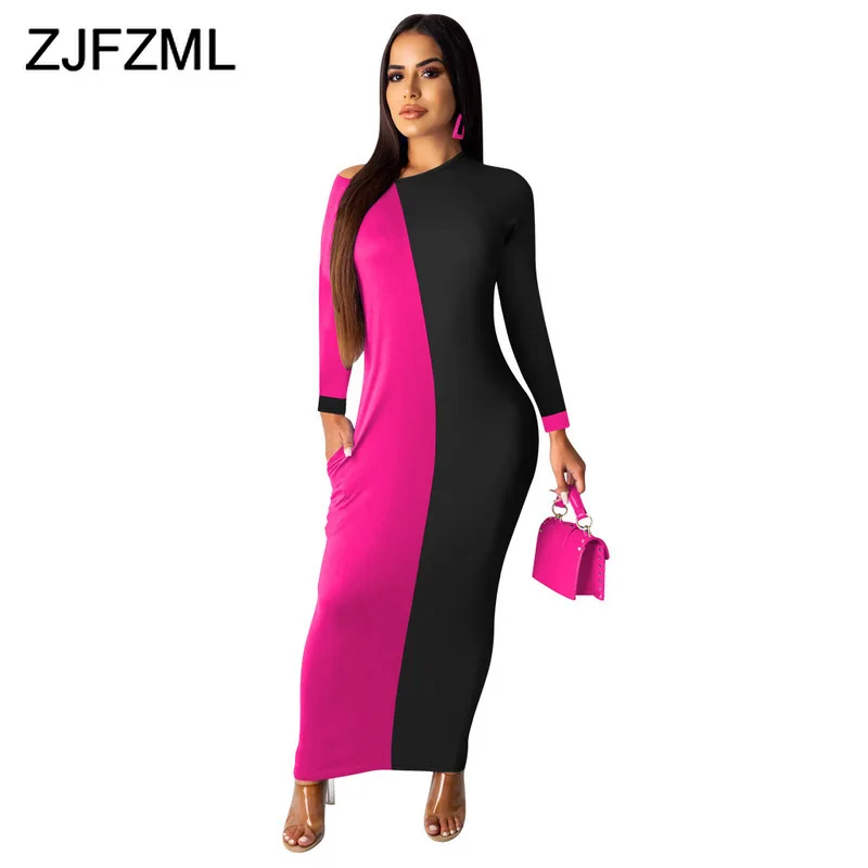 

Contrast Color Sexy Maxi Long Dress Women O Neck Long Sleeve Empire Bodycon Dress Plus Size Ladies Skinny Causal Dress Vestidos