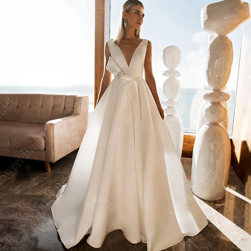 Simple Satin Wedding Dresses V Neck Sleeveless Bow Belt A Line Boho Bridal Gowns Vestido De Noiva Sweep Train Bride Dress | Свадьбы и