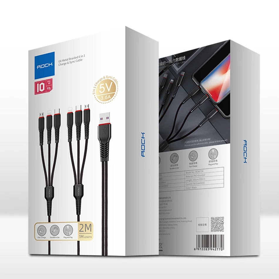 ROCK 6в1 USB кабель для iPhone XS Max XR X 3.6A Быстрая зарядка Micro usb type C кабель для samsung Xiaomi Android телефон провод шнур