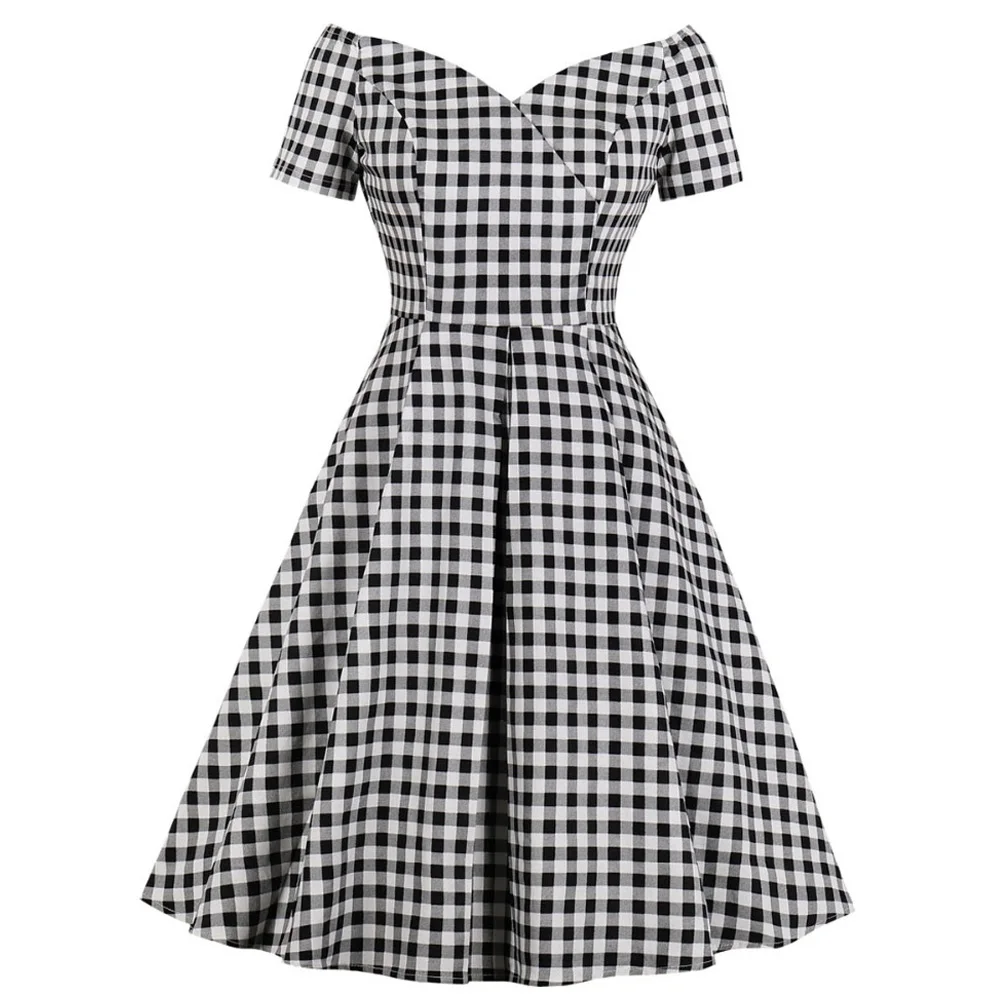 

Women Elegant Fashion Party Dress Prom Vestidos Off Shoulder Check Plaid Robe Pin Up Midi Swing 50 60s 1950s Retro Vintage Dress
