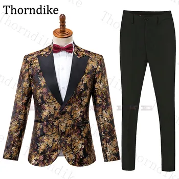 

Thorndike Black Peaked Lapel Men's Wedding Party Suit Floral Print 2 Pcs Groomsmen Tuxedos Single Breasted Stage Prom Suit Men