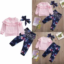 Топы с длинными рукавами и оборками для новорожденных девочек 0-24 месяцев, штаны с цветочным принтом, осенняя одежда