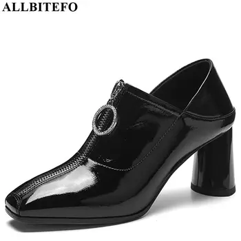 

ALLBITEFO real genuine leather high heel shoes Front zipper spring autumn women heels fashion Pure color women shoes high heel
