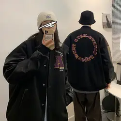 Autumn and winter baseball uniform jacket men and women Korean alphabet embroidery woolen loose stitching regular couple jacket