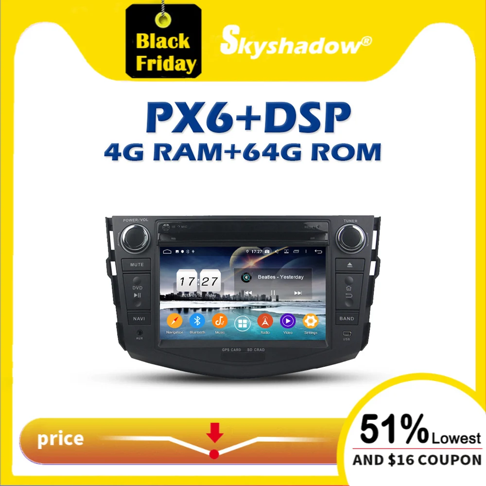 Автомобильный DVD-плеер PX6 DSP IPS android 11 4G + 64G Bluetooth 5 0 Wifi RDS радио GPS карта для Toyota RAV4 2006