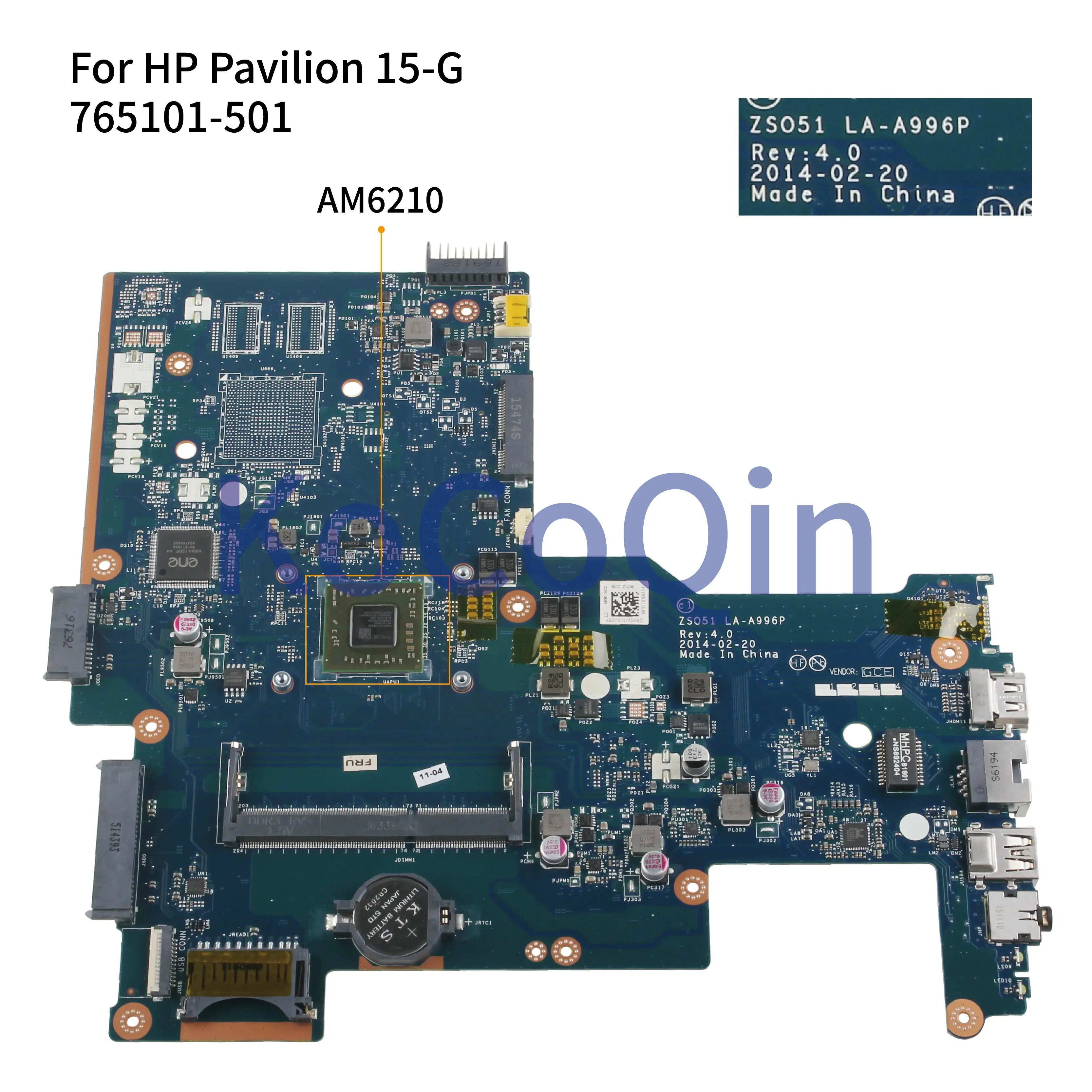 Материнская плата ноутбука KoCoQin для hp Pavilion 15-G материнская плата LA-A996P 765101-501 AM6210 cpu