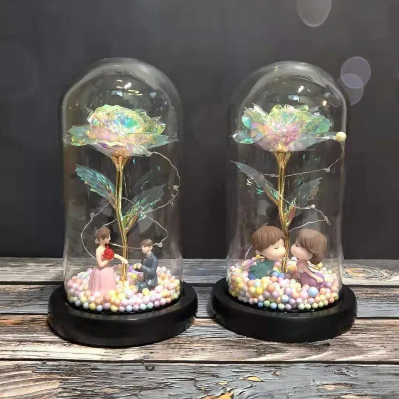 Artificial Plastic Galaxy Rose Flower With LED String Light In Glass Dome On Wooden Base Valentine's Day gift For Wedding Party