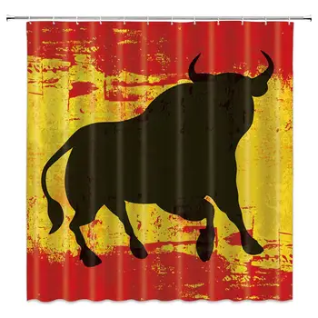 

Spanish Bullfight Shower Curtain Wild Western Bullfighting Black Bull Red Yellow Decor Fabric Bathroom Curtains, Waterproof