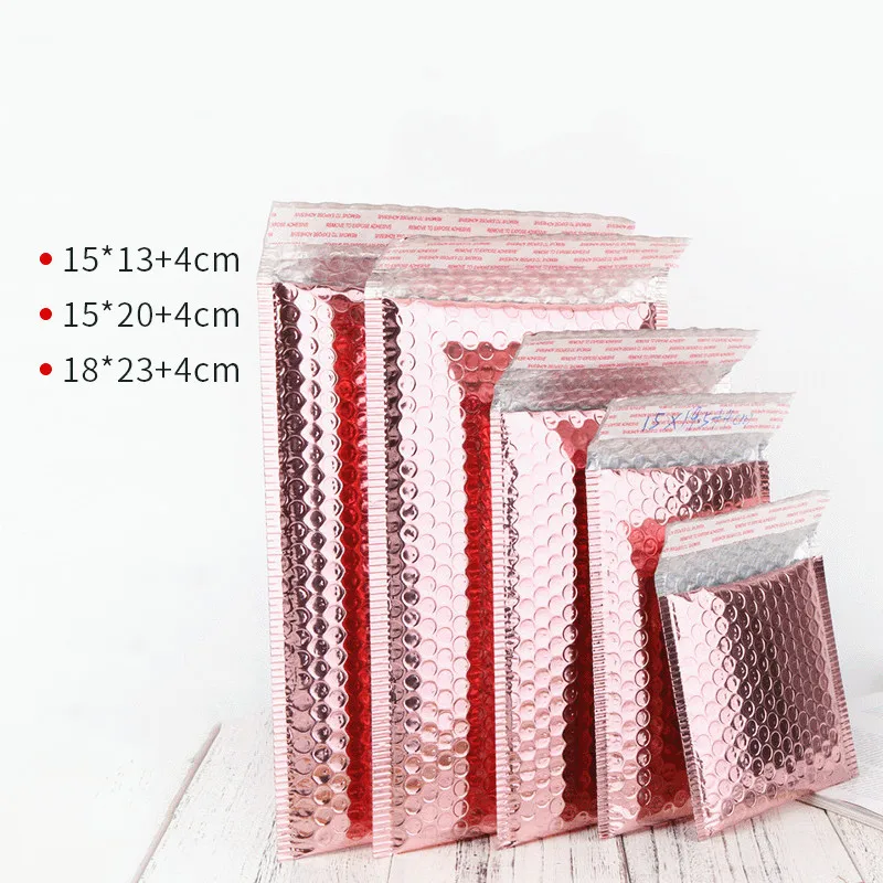 Sobres de burbuja de oro rosa de 18x23 + 4cm, bolsa impermeable a prueba de golpes para regalo, embalaje con letras